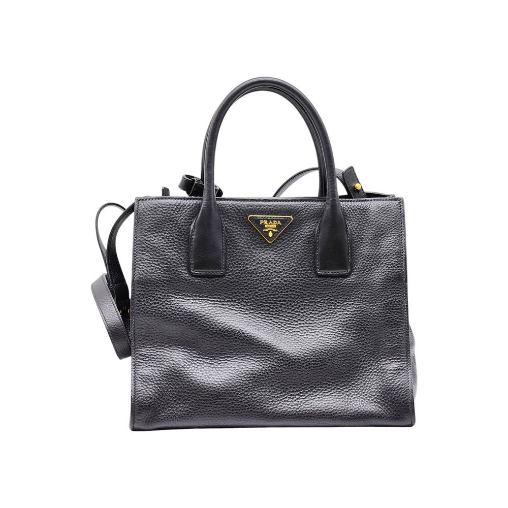 Prada Vitello Daino Black Pebbled Leather Tote Satchel Crossbody Bag - Preowned